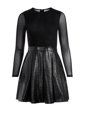 Alice + Olivia Black Faux-Leather Textured Long-Sleeve Skater Dress